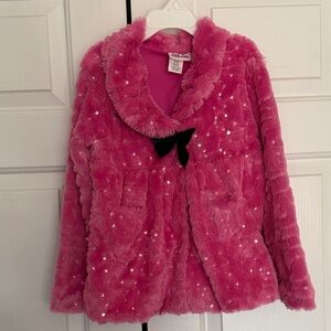Little Lass Pink Faux Fur Coat with Rhinestones with Black Satin Bow 🩷